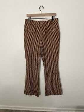 Anthropologie Brown Houndstooth The Essential Flare Trousers Size 12 Tan Brown